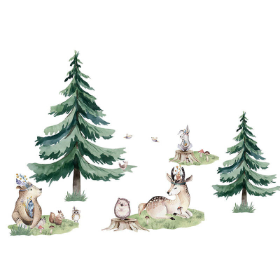 Stenske nalepke Watercolor ŽIVALI INDIJANCI S SMREKAMI (250cmx200 cm), Don Dobinio - ZADNJI KOSI