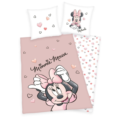 Pudrasto roza otroška posteljnina MINNIE MOUSE in SRČKI 140x200 cm, Disney
