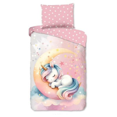 Roza otroška posteljnina BABY UNICORN na luni 140x200 cm, Good Morning (33303)