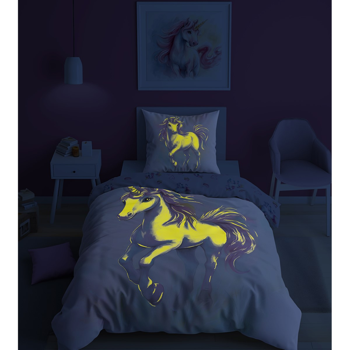 Roza 2-delna posteljnina UNICORN, Glow in the dark,140x200 cm-5
