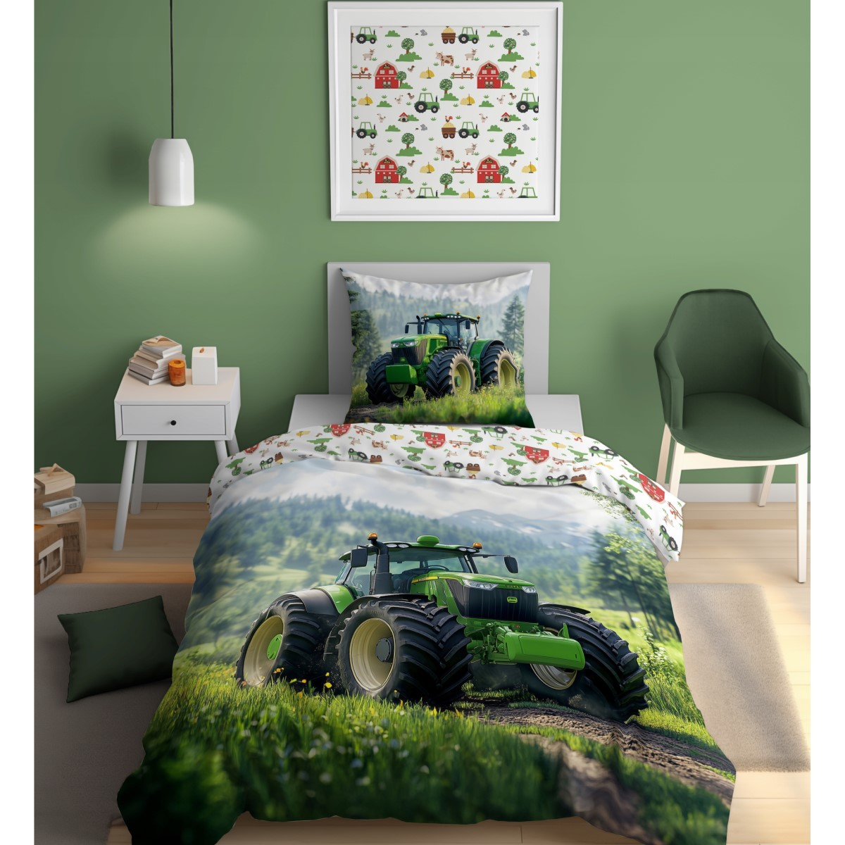 2-delna posteljnina ZELEN TRAKTOR na travniku John Deere 140x200 cm