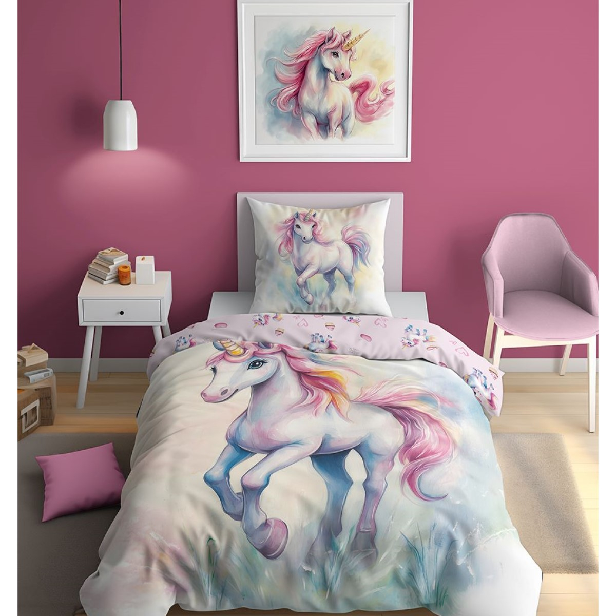 Roza 2-delna posteljnina UNICORN, Glow in the dark,140x200 cm-1