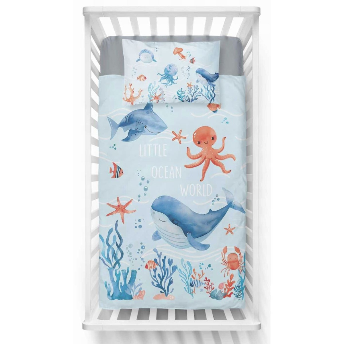 Modra posteljnina OCEAN, Little Ocean World 120x90 cm-1