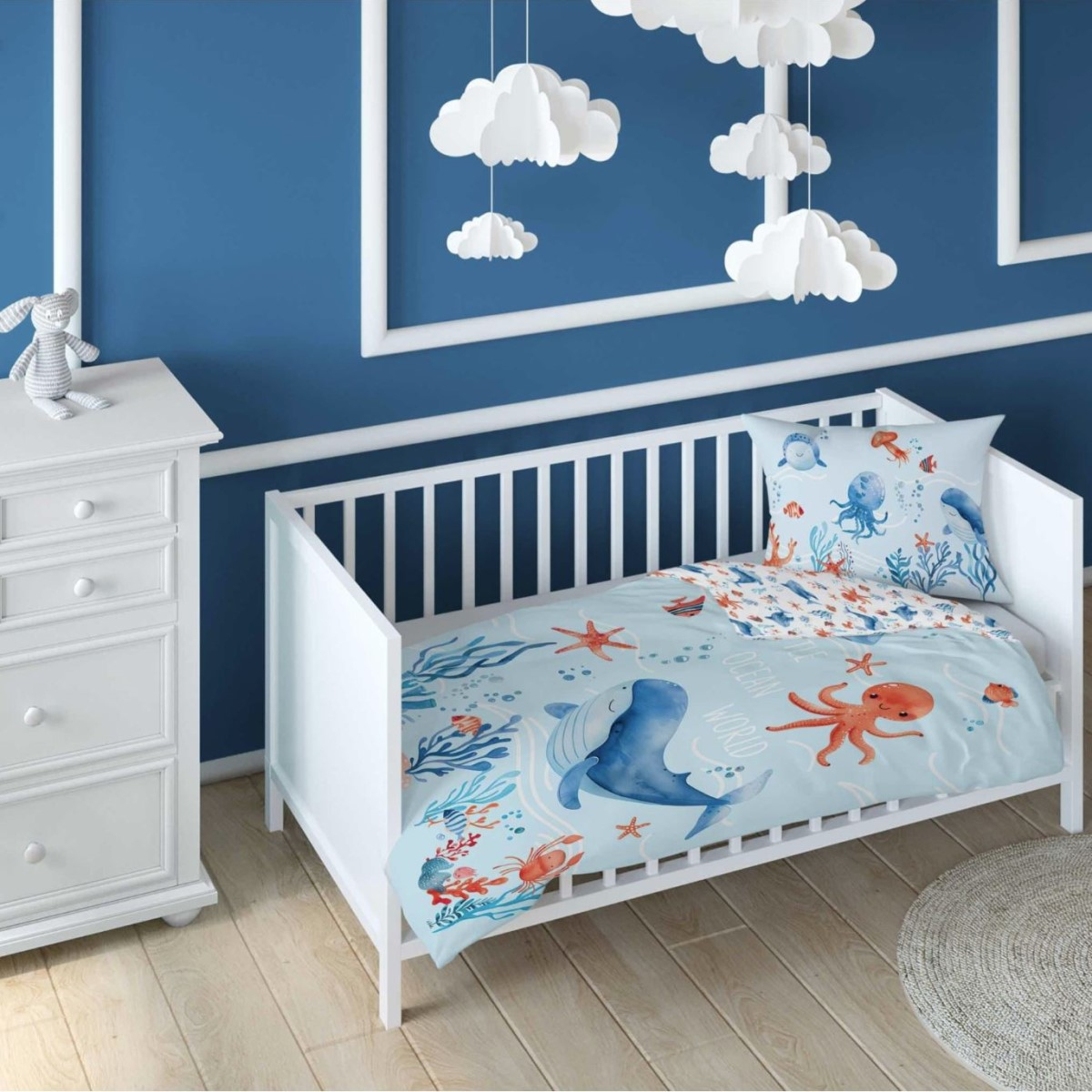 Modra posteljnina OCEAN, Little Ocean World 120x90 cm-2