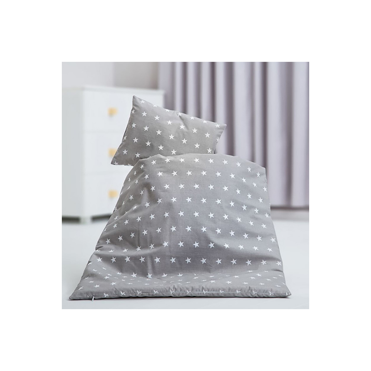 Siva 2-delna posteljnina za zibko BELE ZVEZDICE 60x75cm BABYLUX
