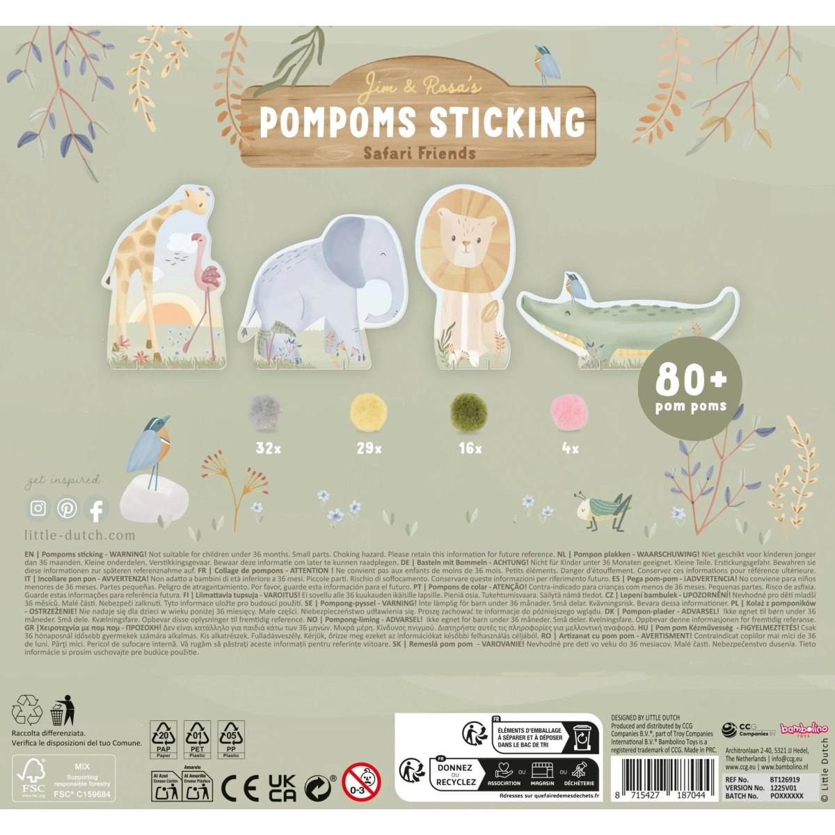 Kartice s pomponi Safari Friends (3 leti+), Little Dutch (126919)-1