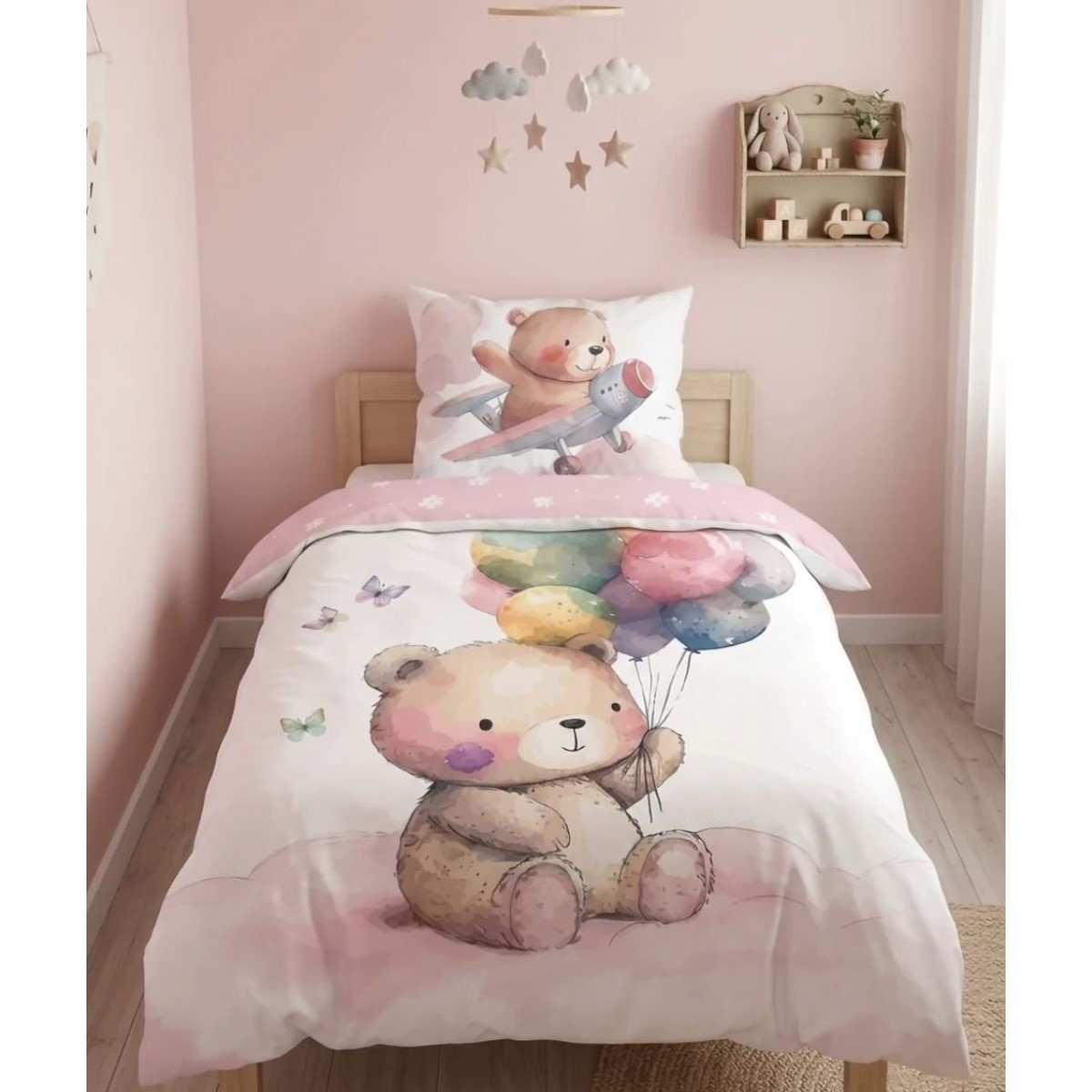 Roza 2-delna akvarel posteljnina MEDVEDEK Z BALONI Cuddles 135x100 cm, Faro-1