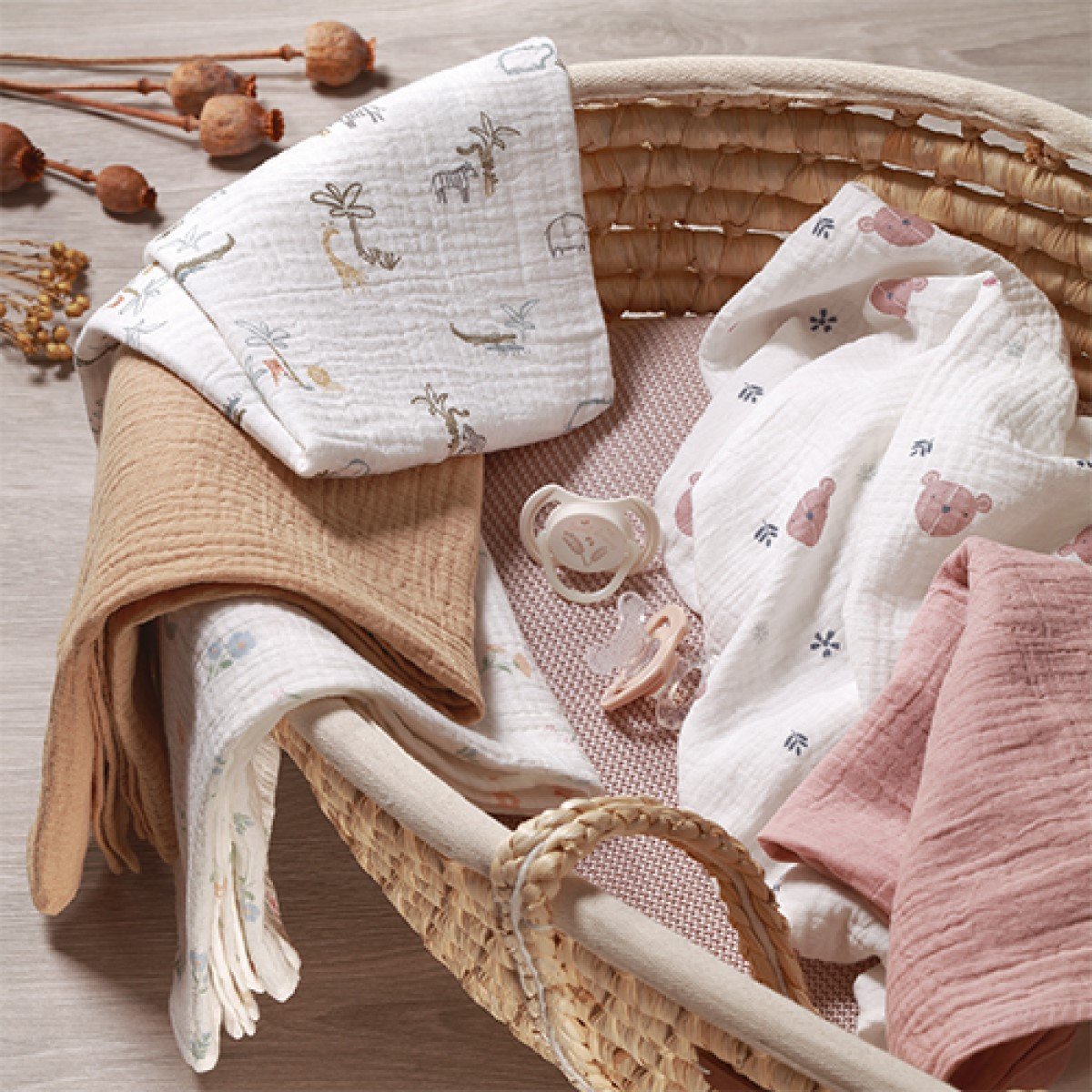 Roza tetra pleničke iz muslina s potiskom, ROŽICE (3 KOSI) BabyOno-6
