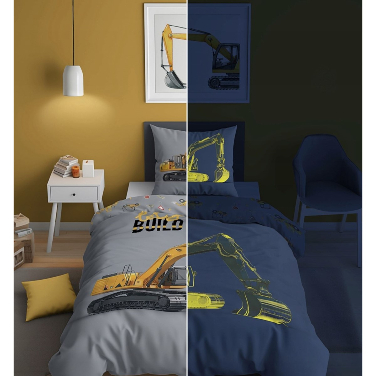 Siva 2-delna posteljnina BAGER Letʹs Bulid, GLOW IN THE DARK, 140X200 cm-2