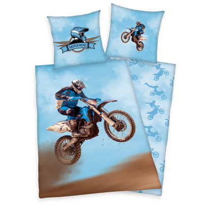 Modra dvostranska 2-delna posteljnina MOTOCROSS, 140x200 cm