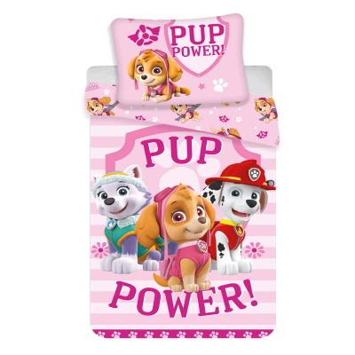 Dvostranska roza 2-delna posteljnina TAČKE NA PATRULJI pup power 135x100 cm